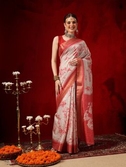 Silk Land - Beige-Red Digital Floral Printed Zari Border Saree with Unstitched Blouse
