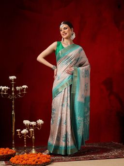 Silk Land - Beige-Sea Blue Digital Floral Printed Zari Border Saree with Unstitched Blouse