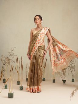 Silk Land - Olive Floral Printed Border Saree with Unstitched Blouse