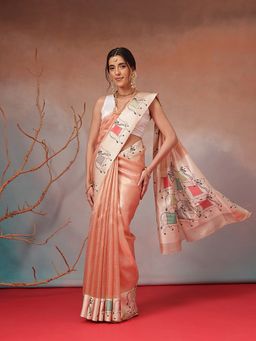 Silk Land - Peach Folk Art Cow Motif Printed Saree with Unstitched Blouse