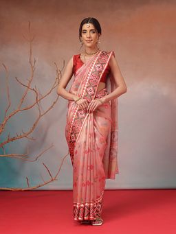 Silk Land - Blush Pink Floral Patola Printed Saree with Unstitched Blouse