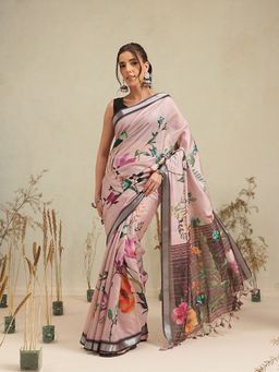 Silk Land - Blush Pink Botanical Floral Printed Saree with Unstitched Blouse