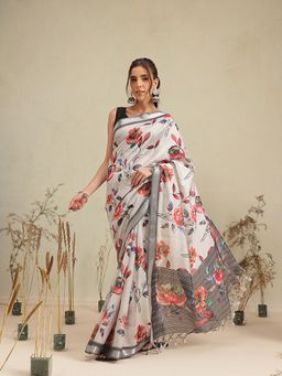 Silk Land - Off White Floral Print Saree with Unstitched Blouse