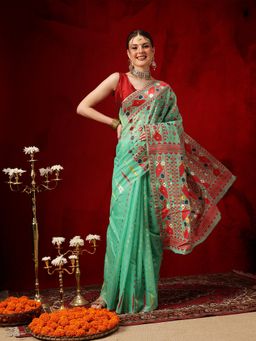 Silk Land - Sea Green Cotton Jamdani Woven Saree with Unstitched Blouse