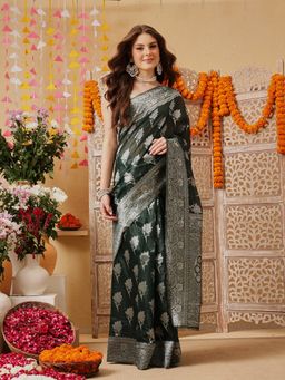 Silk Land - Dark Green Floral Woven Saree with Unstitched Blouse