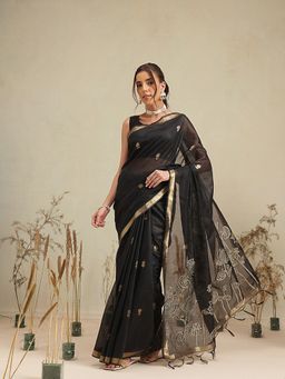 Silk Land - Black Lotus Floral Handloom Jamdani Saree with Unstitched Blouse