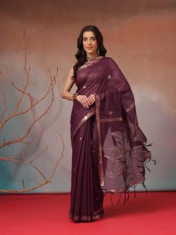 Silk Land - Wine Floral Handloom Jamdani Saree with Unstitched Blouse