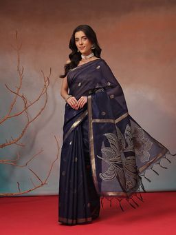 Silk Land - Navy Blue Floral Handloom Jamdani Saree with Unstitched Blouse
