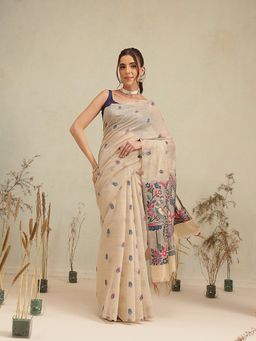 Silk Land - Cream Peacock Floral Handloom Jamdani Saree with Unstitched Blouse