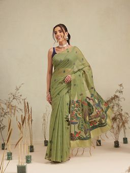Silk Land - Green Peacock Floral Handloom Jamdani Saree with Unstitched Blouse