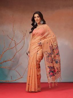 Silk Land - Peach Peacock Floral Handloom Jamdani Saree with Unstitched Blouse