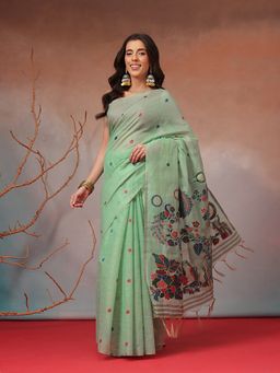 Silk Land - Mint Green Peacock Floral Handloom Jamdani Saree with Unstitched Blouse