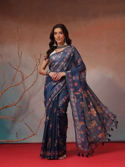 Silk Land - Navy Blue Floral Printed Cotton Blend Saree with Unstitched Blouse