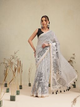 Silk Land - Off White-Black Stripes Floral Printed Cotton Blend Saree with Unstitched Blouse