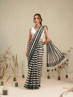 Silk Land - Green Abstract Printed Tassel Cotton Blend Saree with Unstitched Blouse