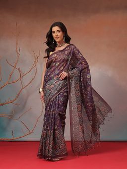 Silk Land - Purple Floral Printed Cotton Blend Saree with Unstitched Blouse