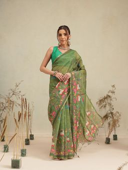 Silk Land - Olive Peacock Printed Cotton Blend Saree with Unstitched Blouse