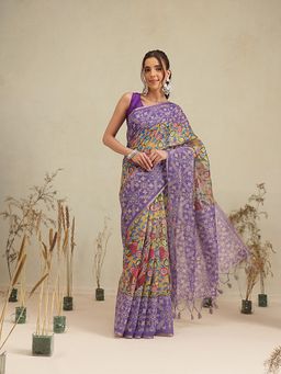 Silk Land - Lavender Floral Printed Cotton Blend Saree with Unstitched Blouse