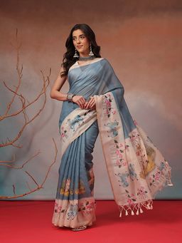 Silk Land - Powder Blue Animal Lotus Printed Cotton Blend Saree with Unstitched Blouse
