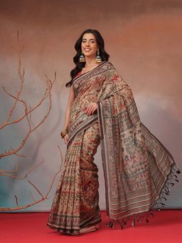 Silk Land - Beige Tribal Art Printed Cotton Blend Saree with Unstitched Blouse