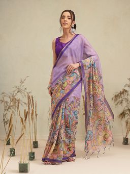 Silk Land - Lavender Mythological Art Printed Cotton Blend Saree with Unstitched Blouse