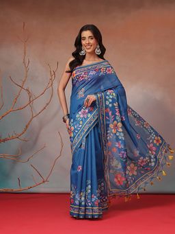 Silk Land - Blue Floral Printed Cotton Blend Saree with Unstitched Blouse