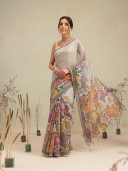 Silk Land - Light Grey Folk Art Printed Cotton Blend Saree with Unstitched Blouse