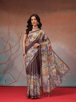 Silk Land - Brown Floral Printed Cotton Blend Saree with Unstitched Blouse