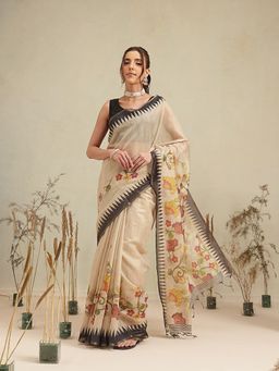 Silk Land - Beige Floral Printed Cotton Blend Saree with Unstitched Blouse