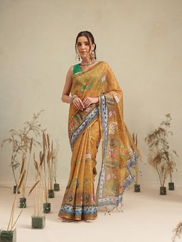 Silk Land - Mustard Peacock Floral Printed Cotton Blend Saree with Unstitched Blouse
