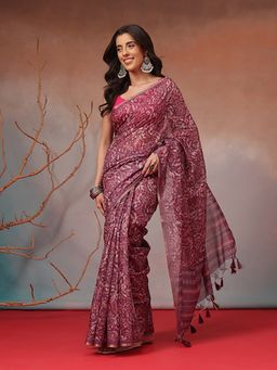 Silk Land - Purple Floral Vine Printed Cotton Blend Saree with Unstitched Blouse
