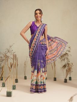 Silk Land - Royal Purple Ikat Animal Printed Saree with Unstitched Blouse