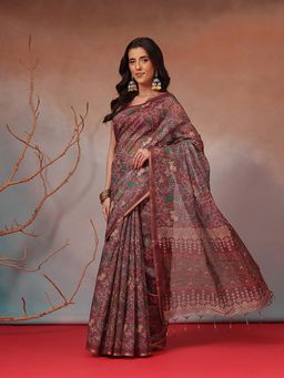 Silk Land - Brown Floral Printed Cotton Blend Saree with Unstitched Blouse