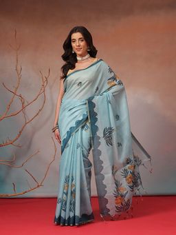 Silk Land - Powder Blue Floral Printed Cotton Blend Saree with Unstitched Blouse