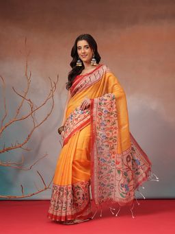 Silk Land - Mustard Yellow Floral Printed Cotton Blend Saree with Unstitched Blouse