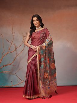 Silk Land - Wine Floral Printed Cotton Blend Saree with Unstitched Blouse