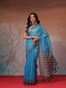 Silk Land - Sky Blue Floral Printed Cotton Blend Saree with Unstitched Blouse