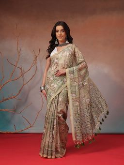 Silk Land - Sage Green Heritage Printed Saree with Unstitched Blouse