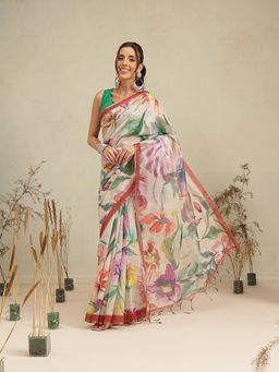 Silk Land - Multi-Color Floral Printed Saree with Unstitched Blouse