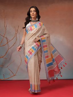 Silk Land - Beige Stripes Printed Border Cotton Blend Saree with Unstitched Blouse