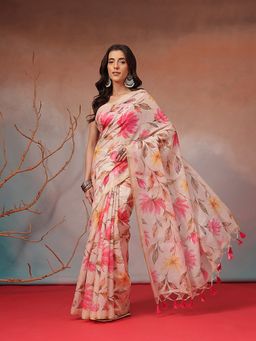 Silk Land - Cream-Blush Pink Floral Printed Saree with Unstitched Blouse