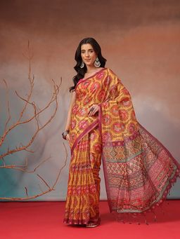 Silk Land - Mustard Printed Kalamkari Saree with Unstitched Blouse