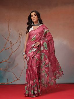 Silk Land - Rose Pink Lotus Pond Printed Saree with Unstitched Blouse