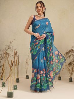 Silk Land - Blue Lotus Pond Printed Saree with Unstitched Blouse