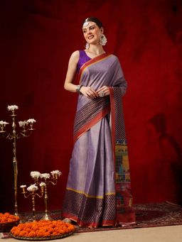Silk Land - Purple Cotton Silk Printed Ready To Wear Saree with Unstitched Blouse