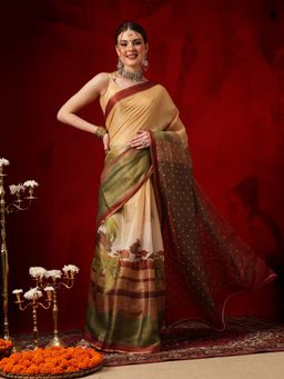 Silk Land - Multi-Color Polka Dot Printed Ready To Wear Saree with Unstitched Blouse