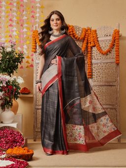 Silk Land - Black Cotton Silk Floral Printed Ready To Wear Saree with Unstitched Blouse