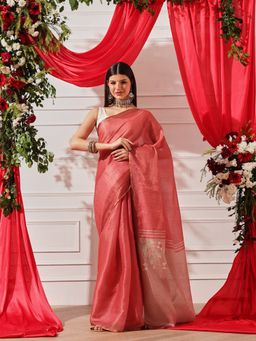 Silk Land - Red Cotton Silk Floral Printed Ready To Wear Saree with Unstitched Blouse