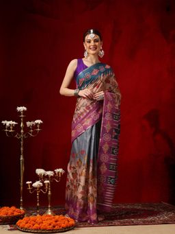 Silk Land - Multi-Color Floral Printed Ready To Wear Saree with Unstitched Blouse