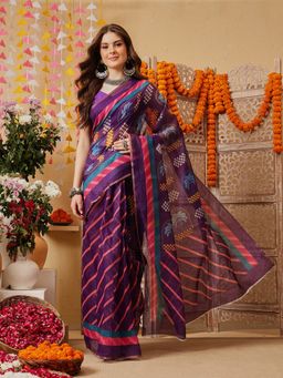 Silk Land - Purple Cotton Blend Digital Stripes Printed Ready To Wear Saree with Unstitched Blouse